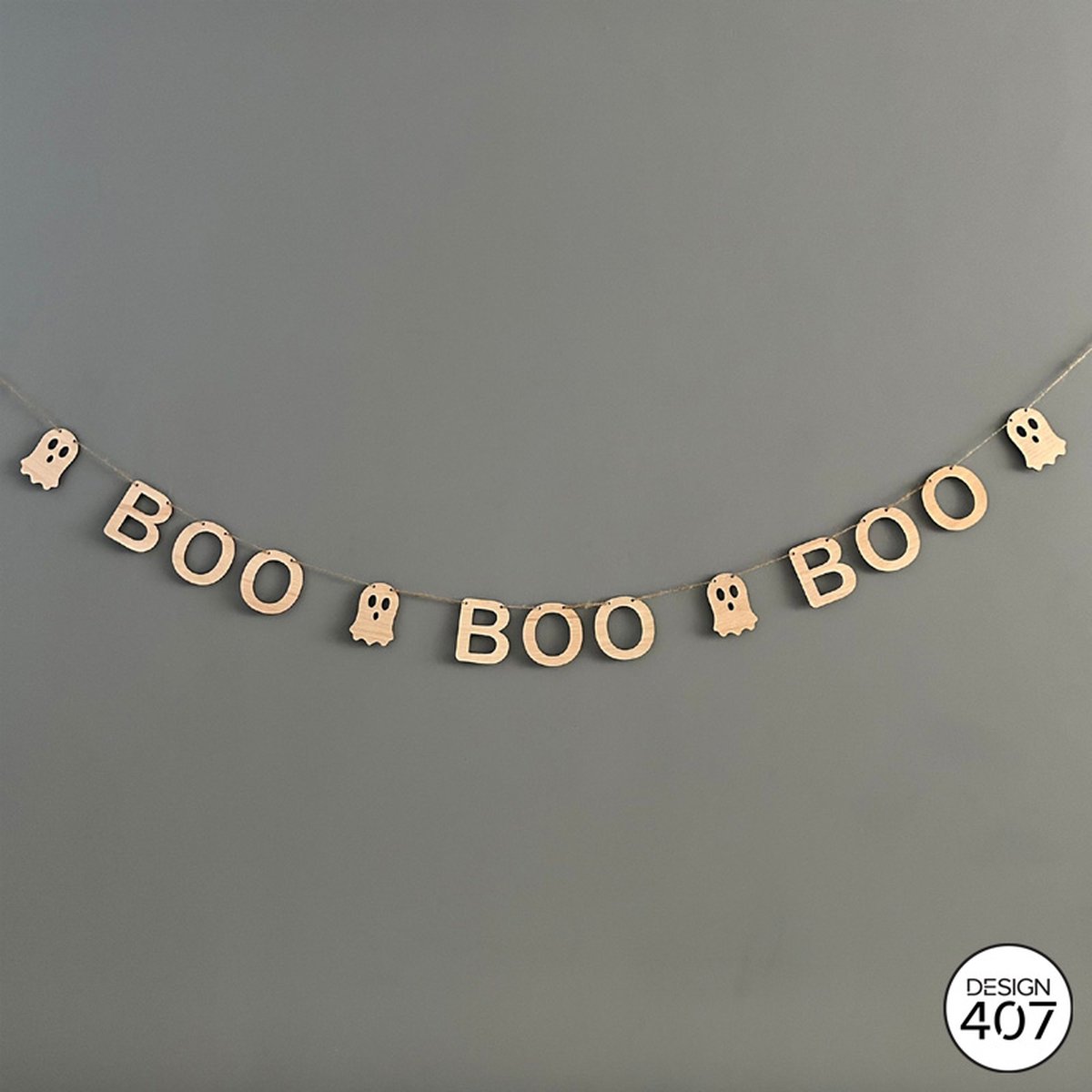 Design407 - Houten Letterslinger Spook & Boo - Halloween - Horror - Pompoen - Spook - Spookje - Halloween Decoratie - Halloween Versiering - Houten Slinger - Houten Decoratie - Feestdecoratie - Slinger - Slingers - Jute Touw - Hout