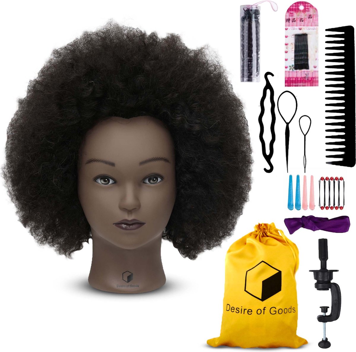   Afro oefenhoofd kappershoofd -   voor meisjes - Kappop - Echt haar - Incl Styling Accessoires en tafelklem - 40 cm