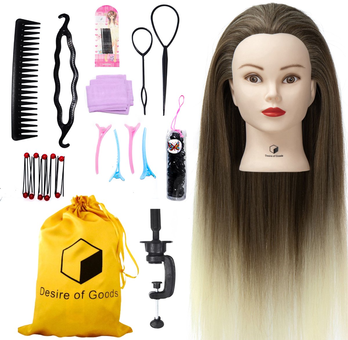   Oefenhoofd kappershoofd -   voor meisjes - kappop - Ombre - Met styling accessoires en tafelklem - 70 cm