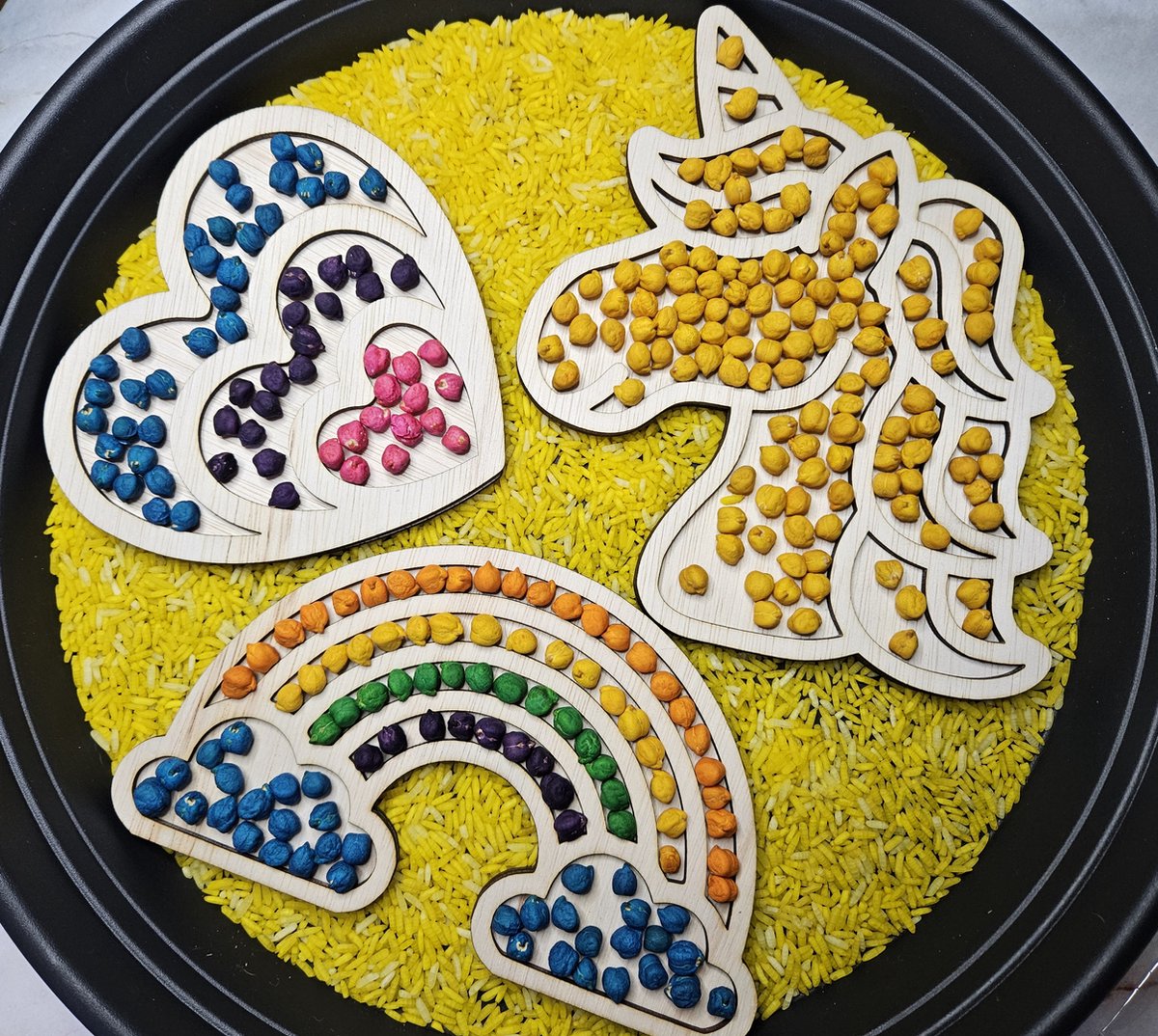 Houten magische eenhoorn vulvormen set - Speelrijst vorm - Sensory, sensorisch speelgoed speelframe, Montessori open-ended , sensory play speelbak speelvorm