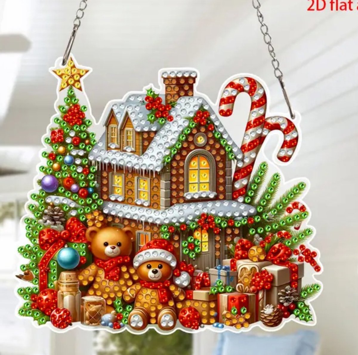 Kerst Raamhanger - Diamond painting - huisje met cadeautjes en beren huis