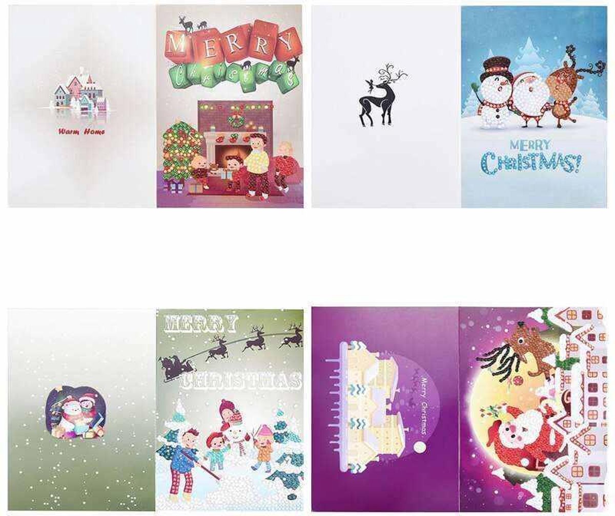 Diamond Painting - 4 nieuwe Kerstkaarten - Gedeeltelijk te beplakken - Hobbypakket - Inclusief Enveloppen