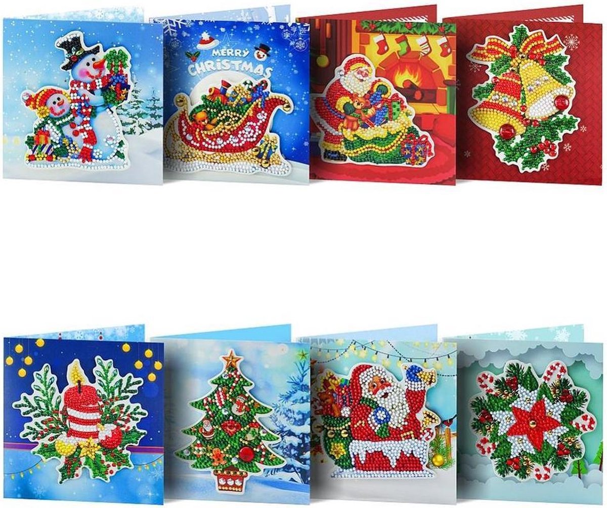 Diamond Painting - Kerstkaarten 3 D - Hobbypakket - 1 set met 8 kaarten - Ronde steentjes