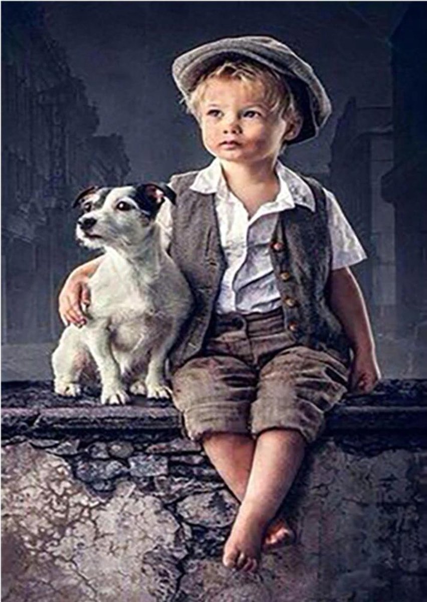 Diamond Painting Kleine Jongen met Hond - Ronde steentjes - Hobbypakket - Volledig te beplakken - 45x60 cm