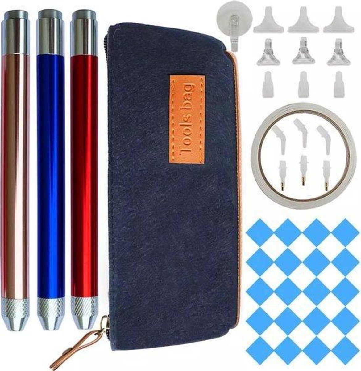 Diamond painting pennen met licht - Blauwe wax - 16 opzetstukjes - dubbelzijdig plakband - met etui