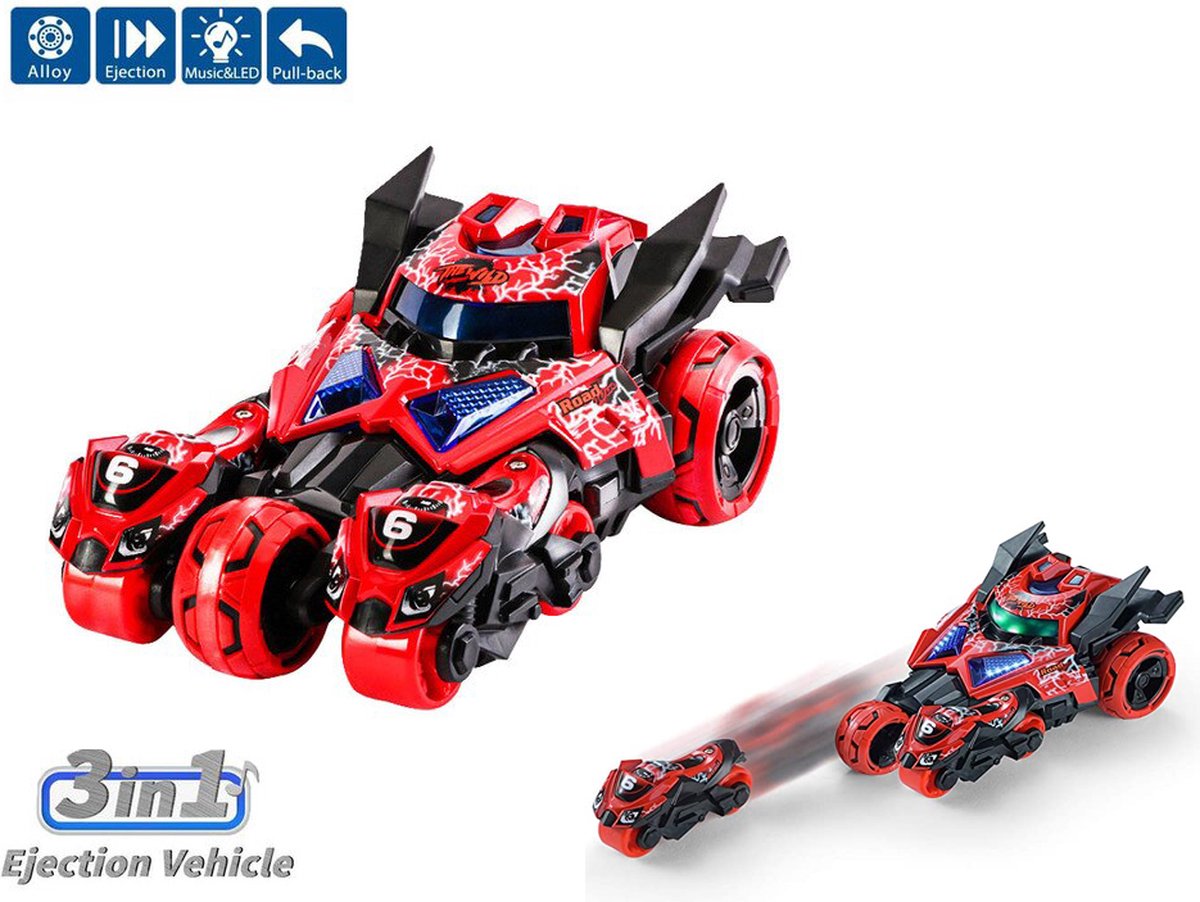 Die Cast Max catapult Car 3in1 - pull-back Metal Gear Rising- auto met 2 motors - licht en geluid - 1:32 Red