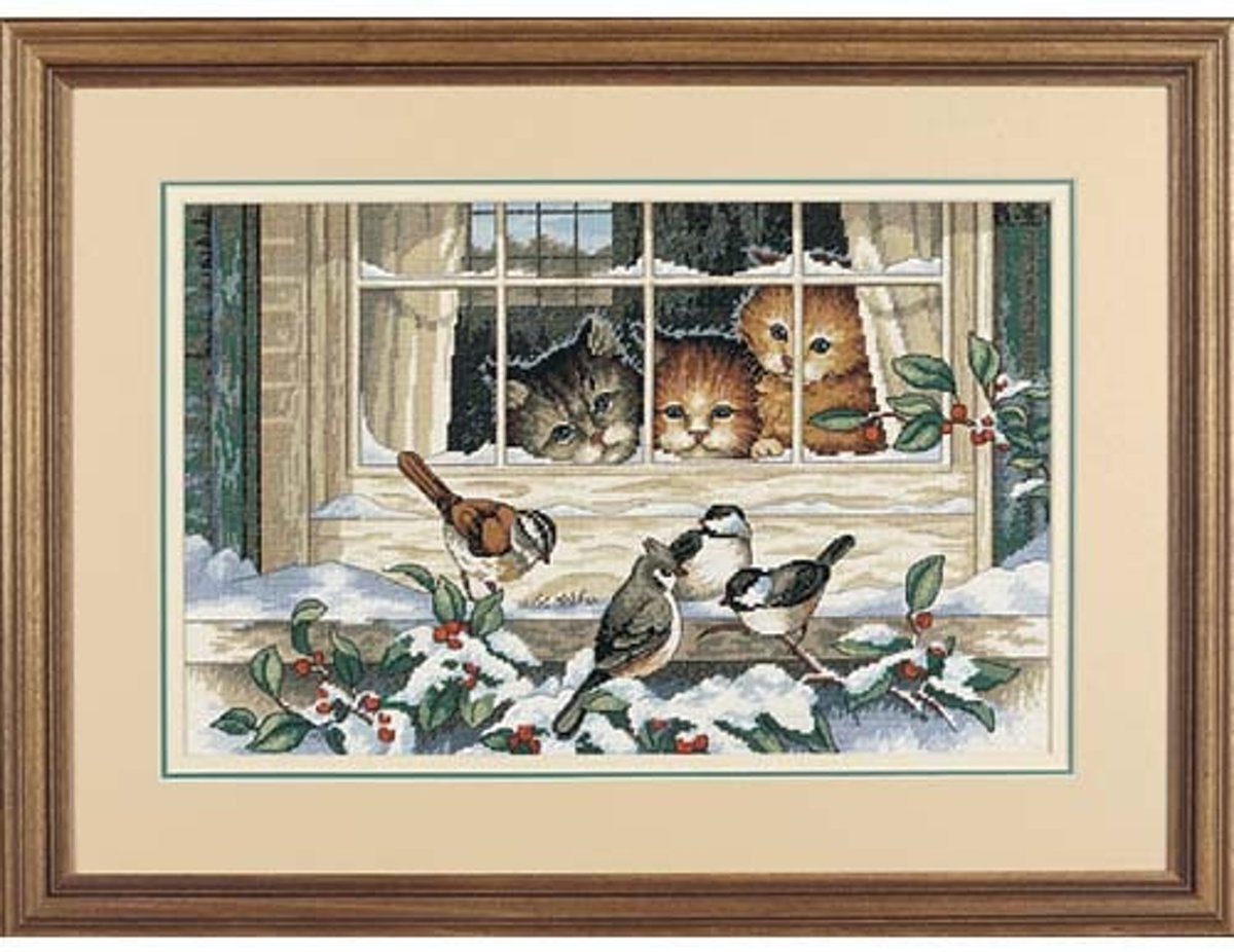 borduurpakket 3839 drie poezen met vogels