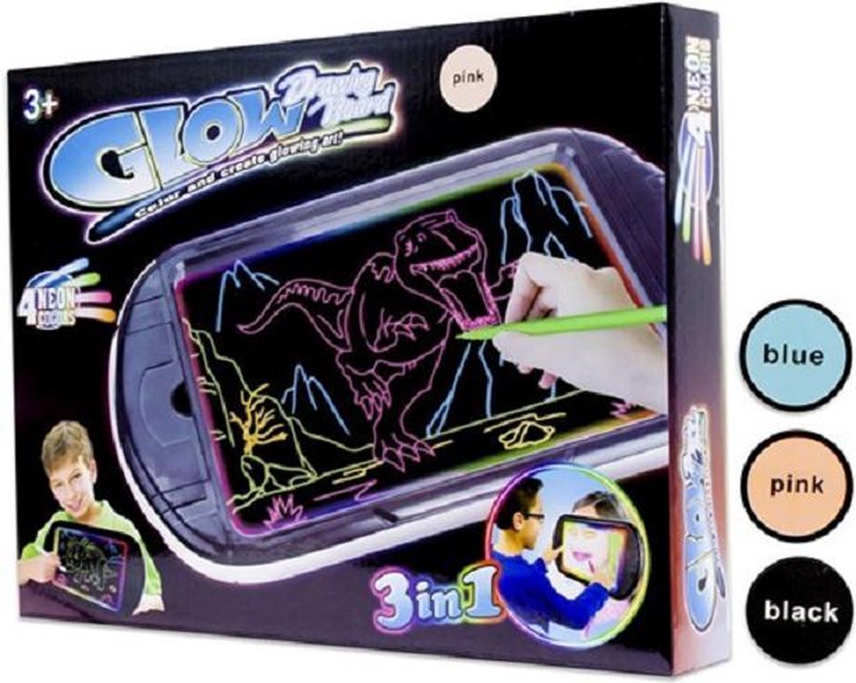 Glow Drawing Board - Led Light   inclusief 4 stiften - 4x Neon Kleuren - Zwart