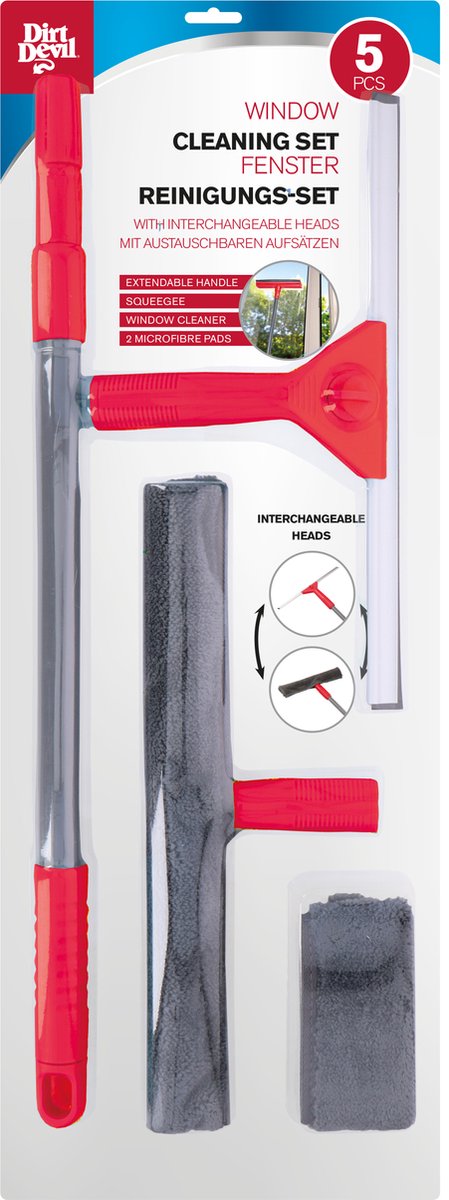 Dirt Devil Raamwisser Set - Telescopische Steel 57-129 CM - 2x Microvezel Doek - Grijs/ Rood
