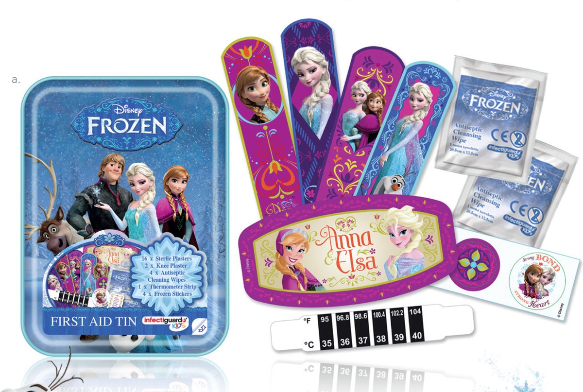 Disney Frozen Eerst hulp Kit - 16 pleisters - 2 Knie pleister - 4 Ontsmettingsdoekjes - 1 Thermometer strip - 4 Frozen Stickers - Elsa en Anna - Meisjes