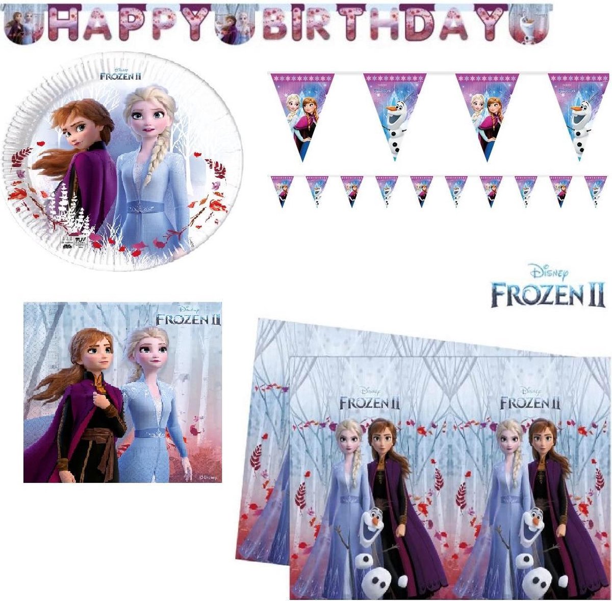 Frozen kinderfeestje - borden / servetten / 2 soorten slingers / tafelkleed - Disney Frozen 2 - feestpakket