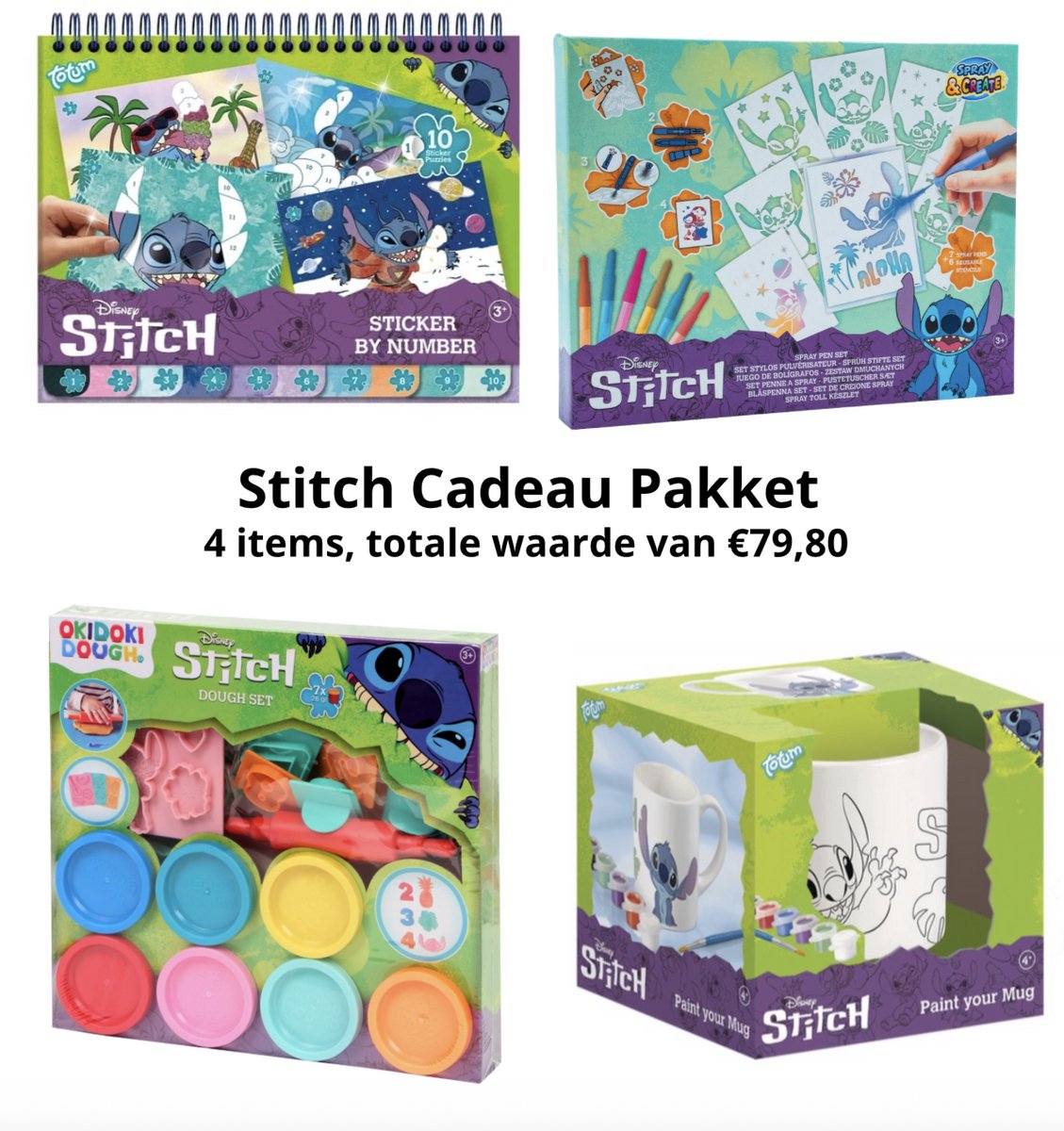 Stitch Cadeau Pakket - 4 Items - Jongens & Meisjes - Disney Lilo en Stitch - Sinterklaas & Kerst Cadeau - Spraypennen Set / Kleur je Eigen Mok / Sticker Puzzel / Klei Set - Hoge Kwaliteit - Luxe Cadeau Set - Stitch - Sinterklaaskado - Kerstkado