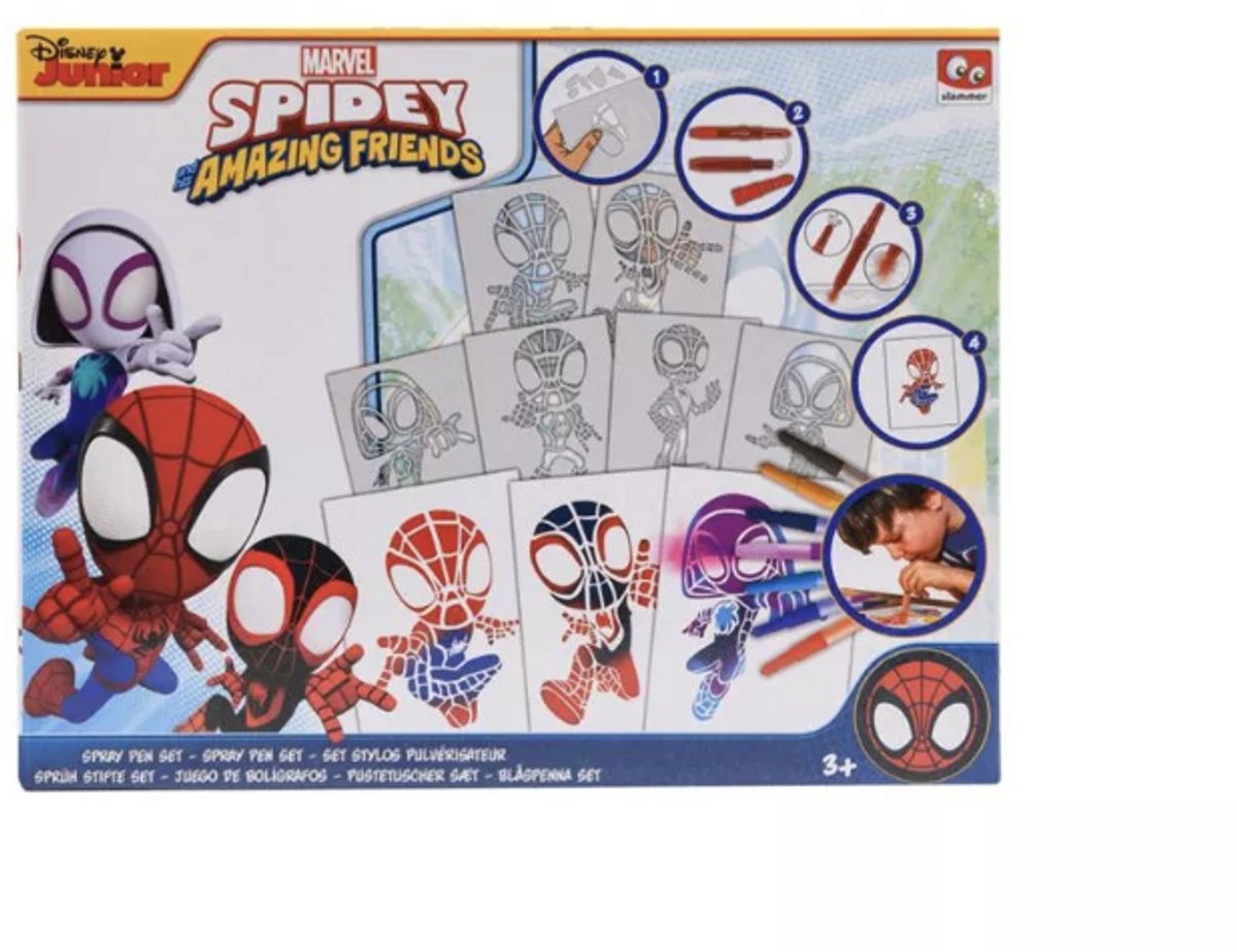 Spiderman Spraypen Set -   Junior - Inclusief Spuitpennen en Vormen - Knutselen - Vanaf 3 Jaar - Creatief - Leerzaam - Goed Voor Motoriek - Kleuren - Blazen - Spiderman - Spidey - Educatief - Hobby - Jong en Oud - Jongens en Meisjes