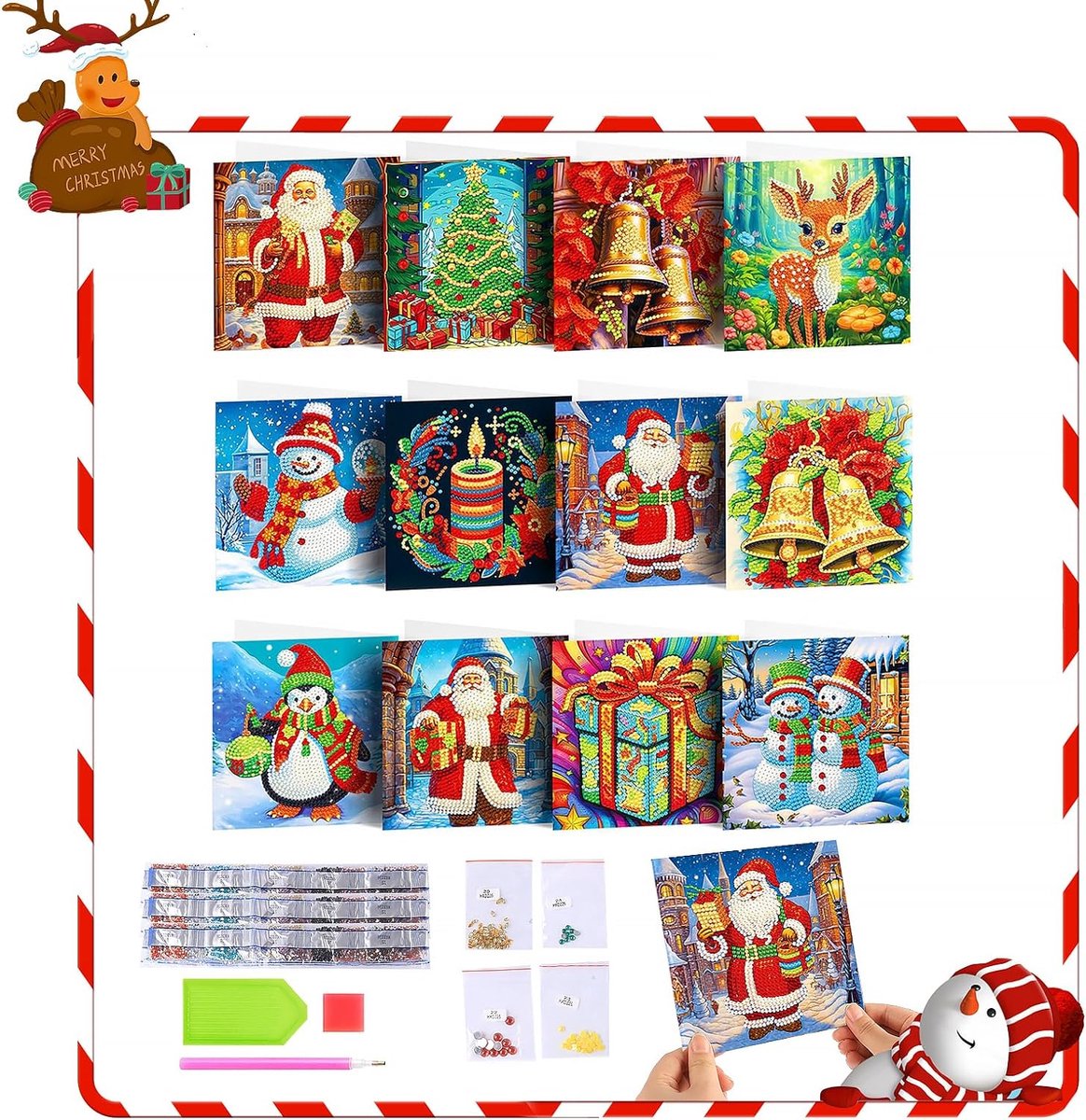 DiverseGoods 12-Pack Kerstkaarten met Diamond Painting - Unieke DIY Diamond Art Schilderij Wenskaarten voor Kerstmis en Nieuwjaar - Inclusief Diamond Painting Gereedschap en Enveloppen