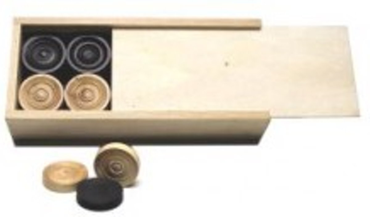 Damschijven palmhout 32mm.in kist blank/zwart