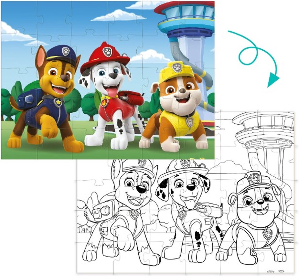 Paw Patrol Puzzel 3+ - 30 stukjes - Puzzel en Kleurplaat 2in1 - Paw Patrol Speelgoed met Chase - Marshall - Rubble - Paw Patrol Puzzel 3 jaar