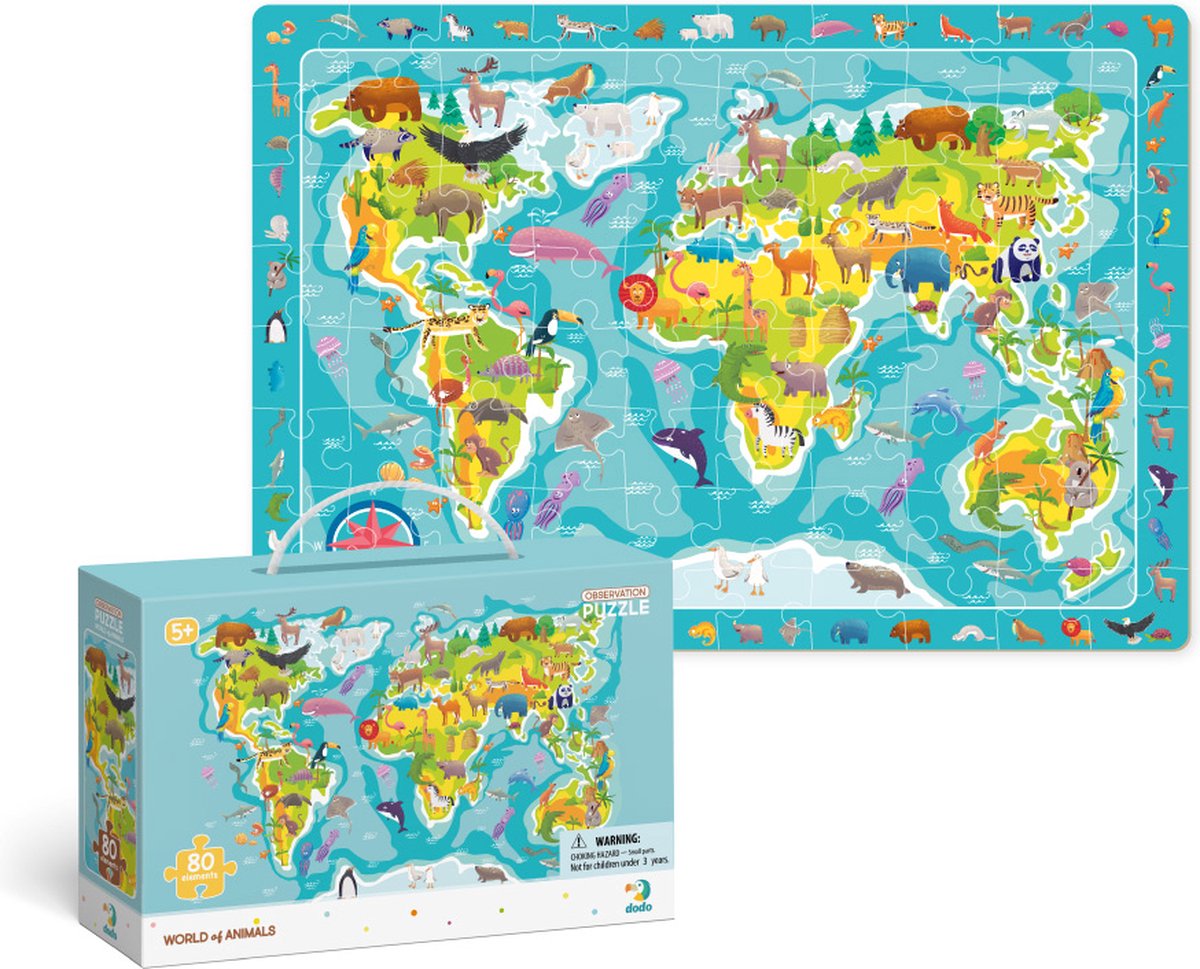 Puzzel Wereldkaart met Dieren 5+ -80 stukjes - 31x45 cm - Dieren Speelgoed voor Kinderen - Zoekboek - Kinderpuzzel 5 jaar