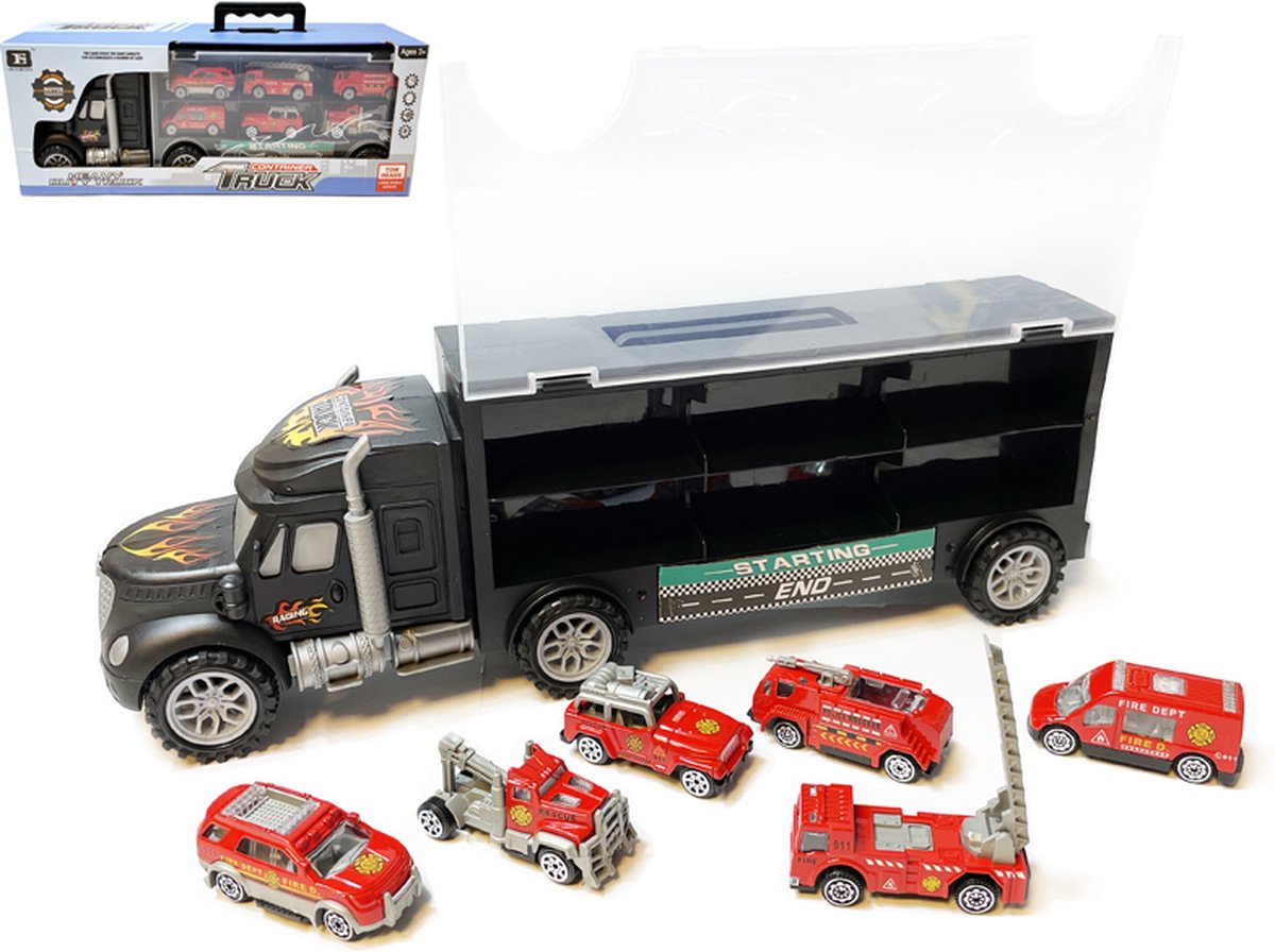 Brandweer vrachtwagen transporter truck - speelgoed mini brandweerautos - 6-delig set koffer - Oplegger voor 12 brandweerwagens - 39cm