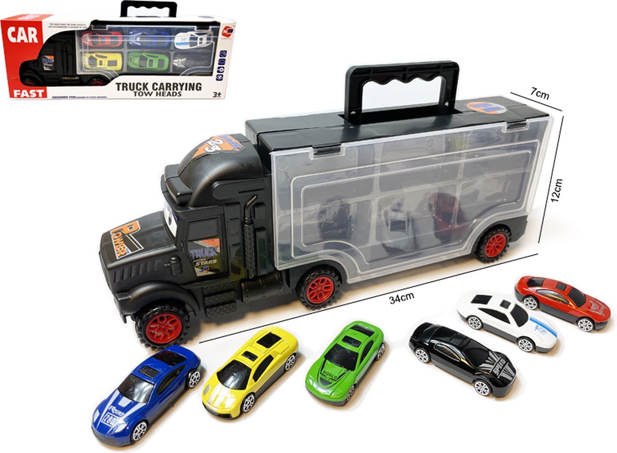 Vrachtwagen transporter truck - speelgoed mini autos - transporter 6-delig set koffer - Oplegger - 34CM