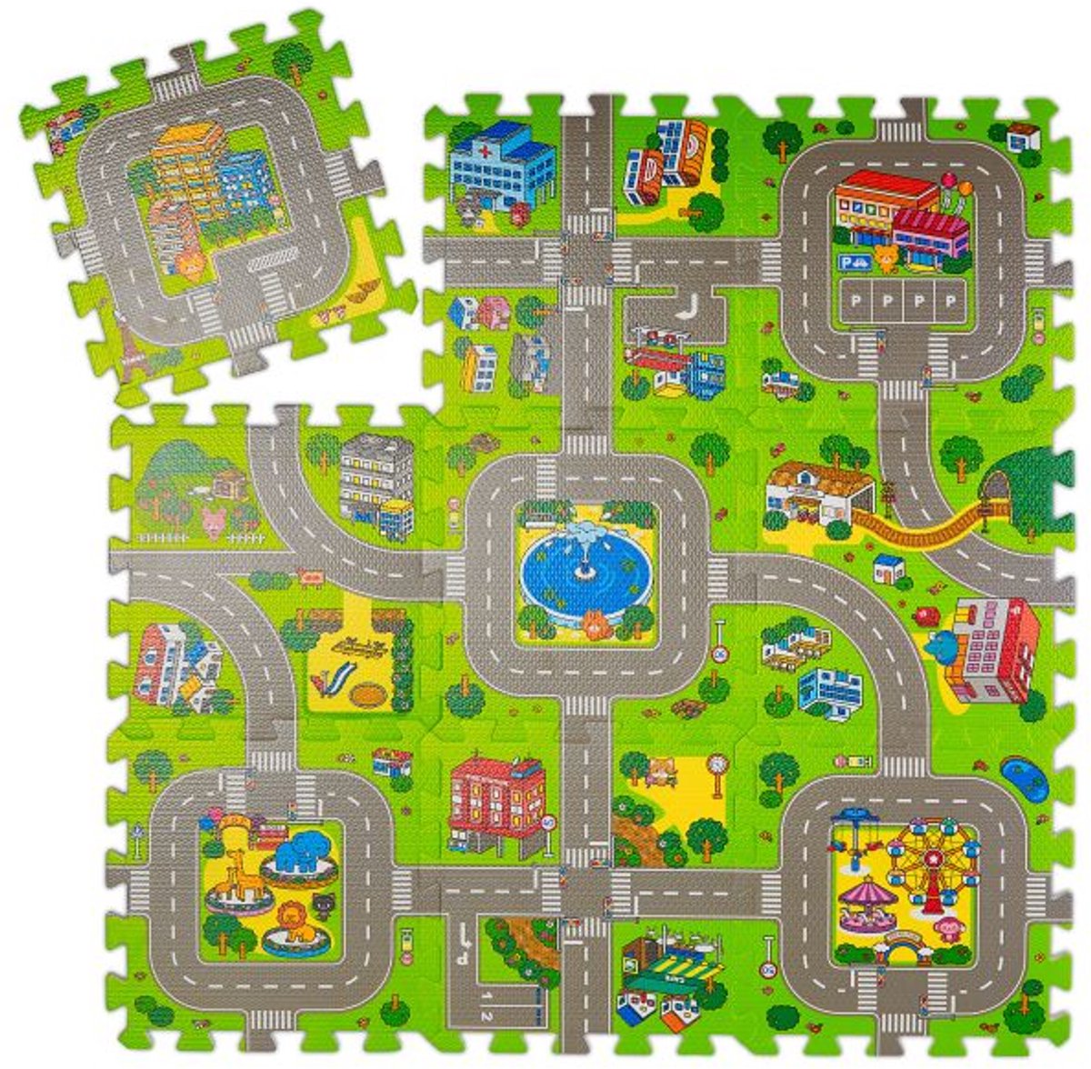 Doodadeals® Speelkleed – Speelmat Kind Verkeer en Dieren – Puzzelmat van EVA Foam – 90 x 90 cm