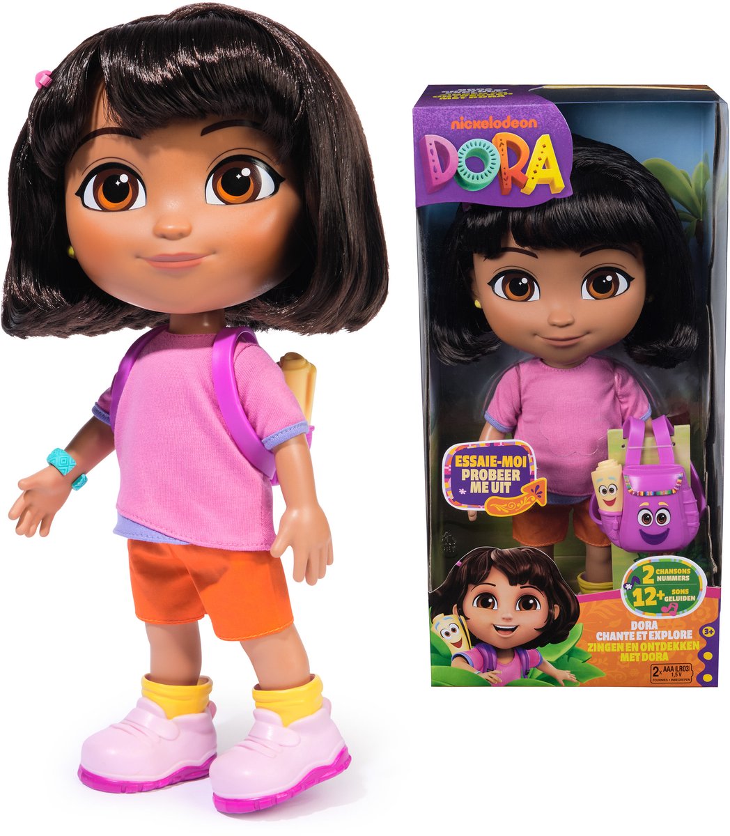 Dora - Zingen en ontdekken met Dora-pop met muziek, geluidseffecten, tweetalige zinnen, poppenkleding en accessoires