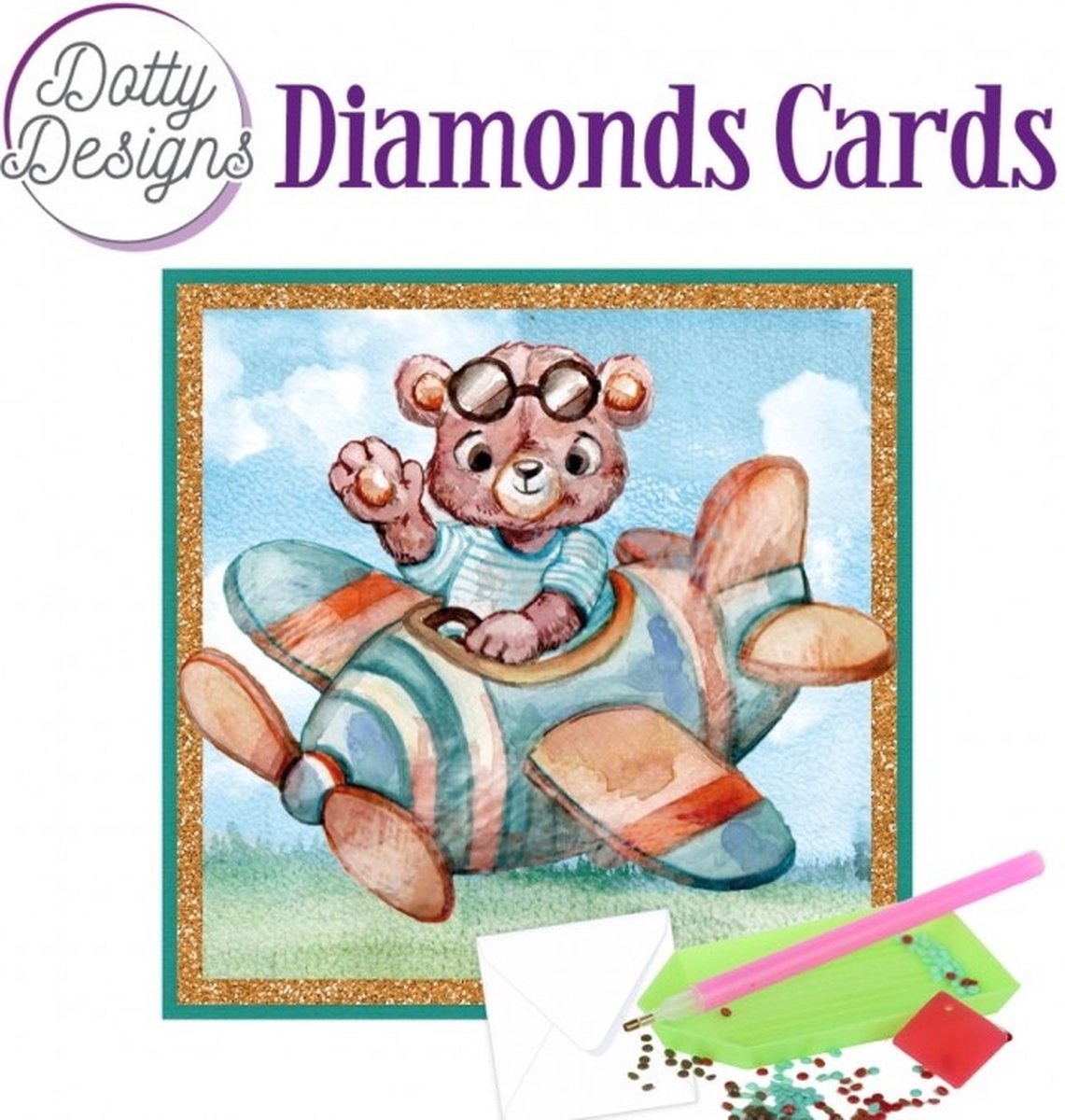 Diamond Painting Kaart Teddybear In Airplane
