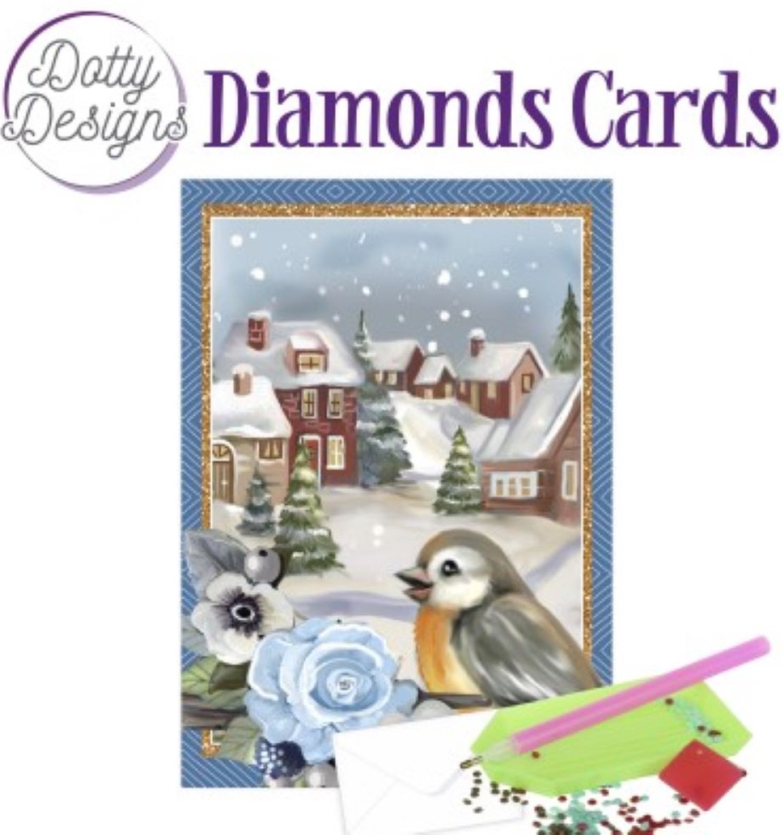 Dotty Designs Diamond Cards - Bird in a snowy Christmas village