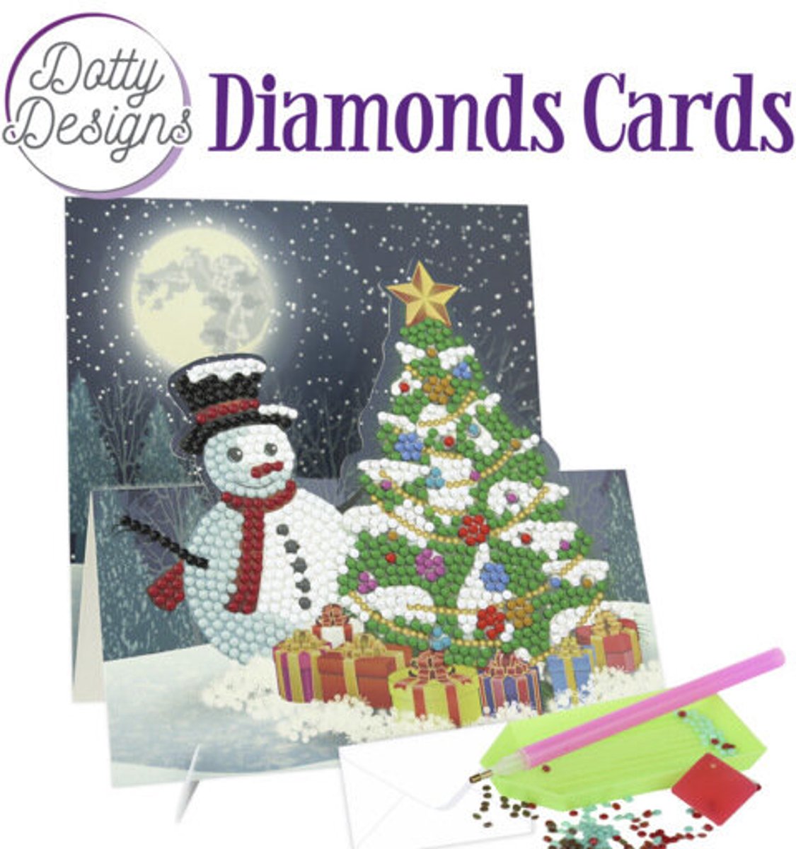 Dotty Designs Diamond Easel Card 142 - Snowman with Christmas Tree