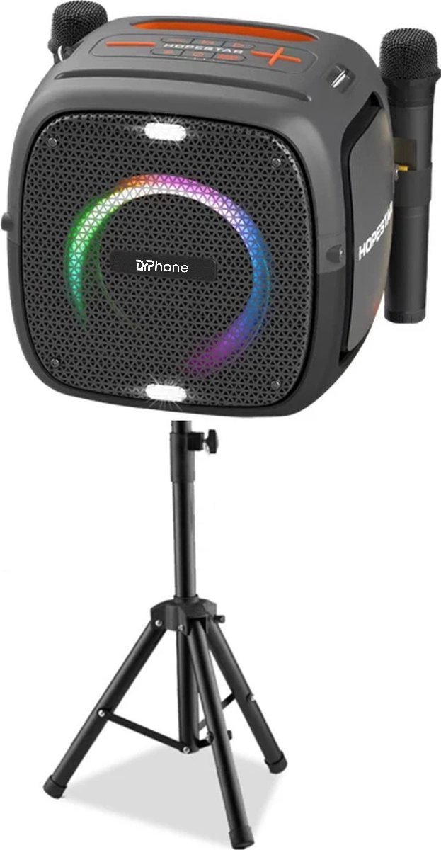   SolarFlare – Karaoke Bluetooth Speaker – Partybox - Met Twee Microfoons – Bluetooth 5.0/ Micro-SD / Aux 3.5mm / USB – 80W Speaker – High Power Outdoor Karaoke Speaker – Met RGB Verlichting – Draagbare Speaker - Zwart