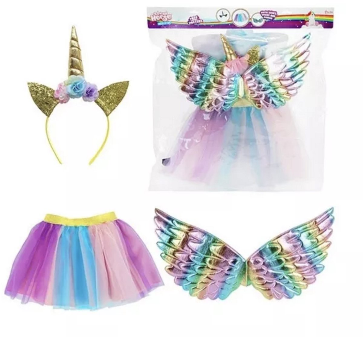 Luxe Verkleedset Eenhoorn - Verkleden - Carnaval - One Size - Jong & Oud - Kinderen - Hoge Kwaliteit - Duurzaam - Rollenspel - Kinderfeestje - Cadeau - Jong & Oud - Magisch - Met Tutu En Vleugels - Tiara - Speelgoed - Meerdere Kleuren - DreamHorse