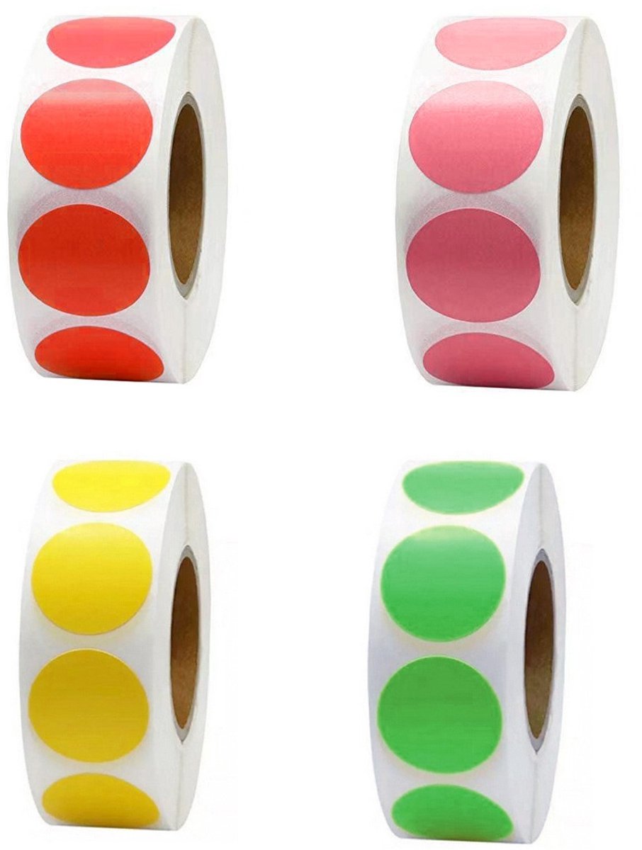 Dussdote Ronde stickers - Zelfklevende stippenstickers - Markeringsstickers - Geschikt voor kantoor, school, kalenders, kaartstickers - 4 kleuren - 25 mm - 2000 stuks