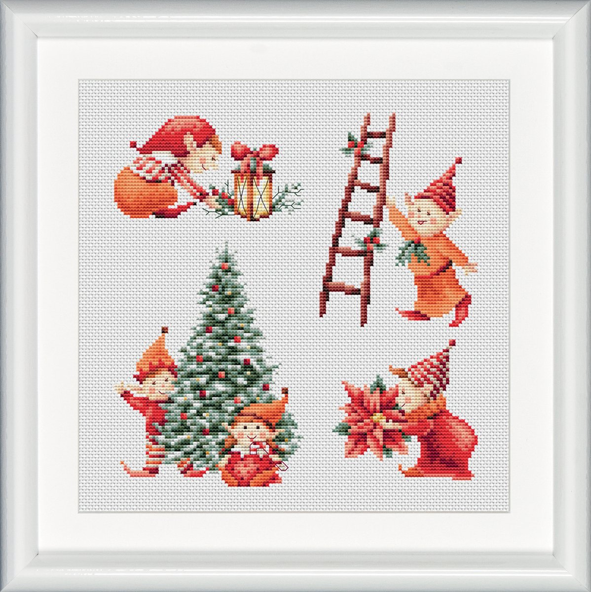 Dutch Stitch Brothers - Counted Cross Stitch Kit - DSB017L - Christmas Elves 1- Linen - 9,8 x 9,8 Inch - DIY for Adults