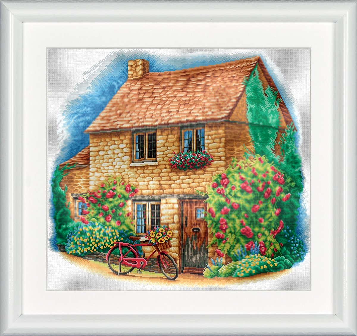 Dutch Stitch Brothers - DIY borduurpakket - DSB010L - Huisje met fiets - Wit Linnen - 50 x 50 cm