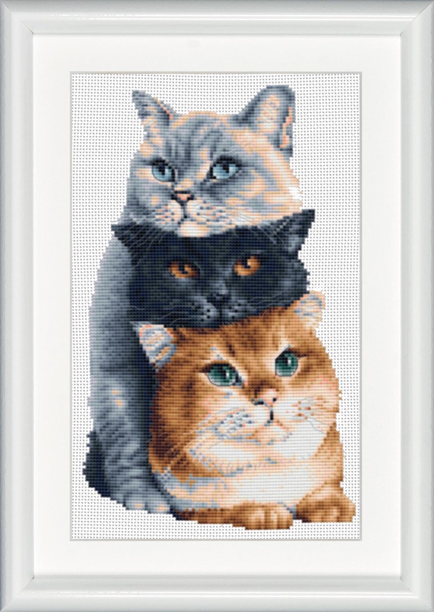 Dutch Stitch Brothers - DIY borduurpakket - DSB012L - Drie katten - Wit Linnen - 26 x 18 cm