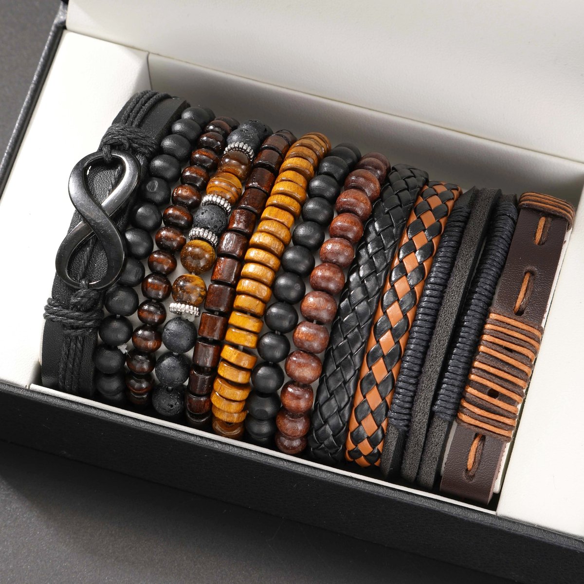 Dutchers® 12-delige Trendy Armbanden - Tijgeroog - Kunstleer - Armband heren - Armbandjes - Herenarmbanden
