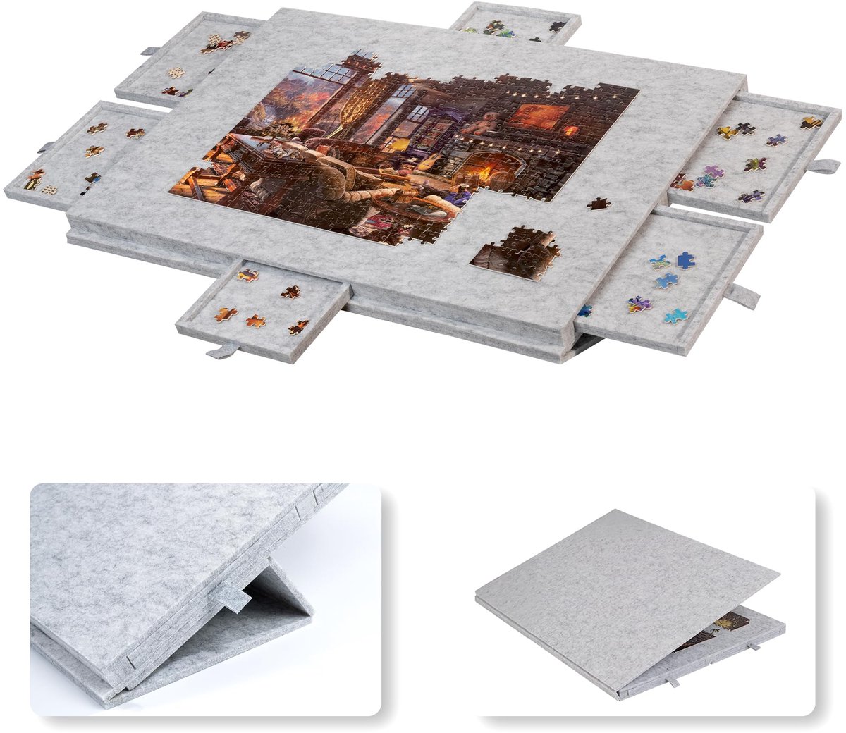 Dutchers® 2-in-1 Puzzelbord met Standaard & Deksel – Puzzeltafel voor 1000 Stukjes – Lichtgewicht & Draagbaar Puzzel Accessoire – Met 6 Sorteerlades – Voor Kinderen & Volwassenen – Puzzelhulp & Cadeau - Lichtgrijs