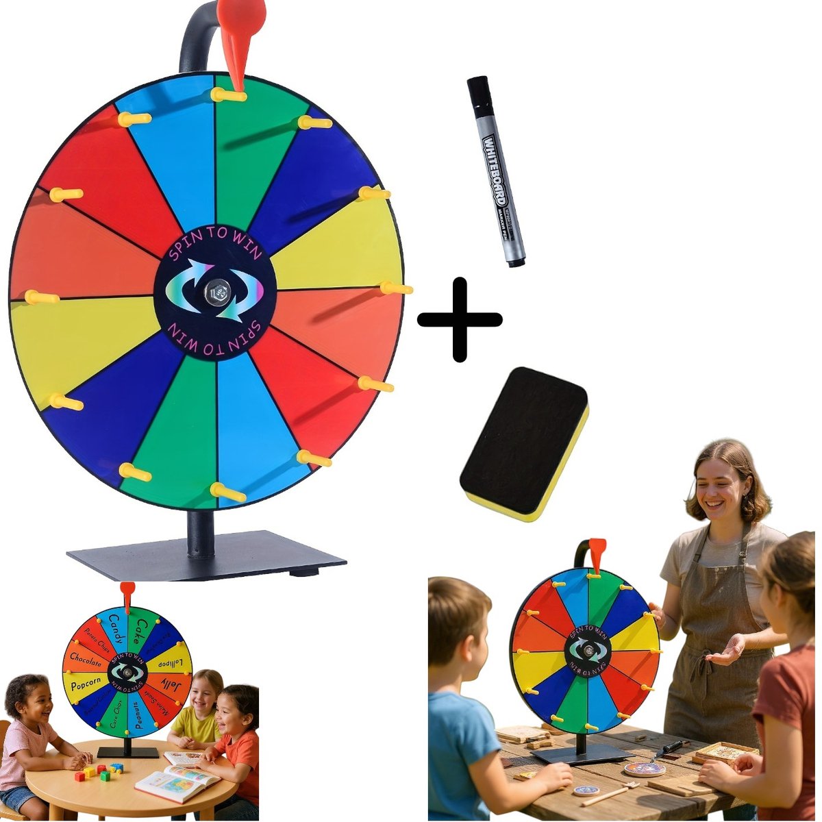 Dutchers® Rad van Fortuin - Spinning Prize Wheel – 12 Schrijfvakken - Incl Marker & Wisser - Kleurrijk Tafelmodel Draairad - Gezelschapsspel - Draaiwiel - Spel