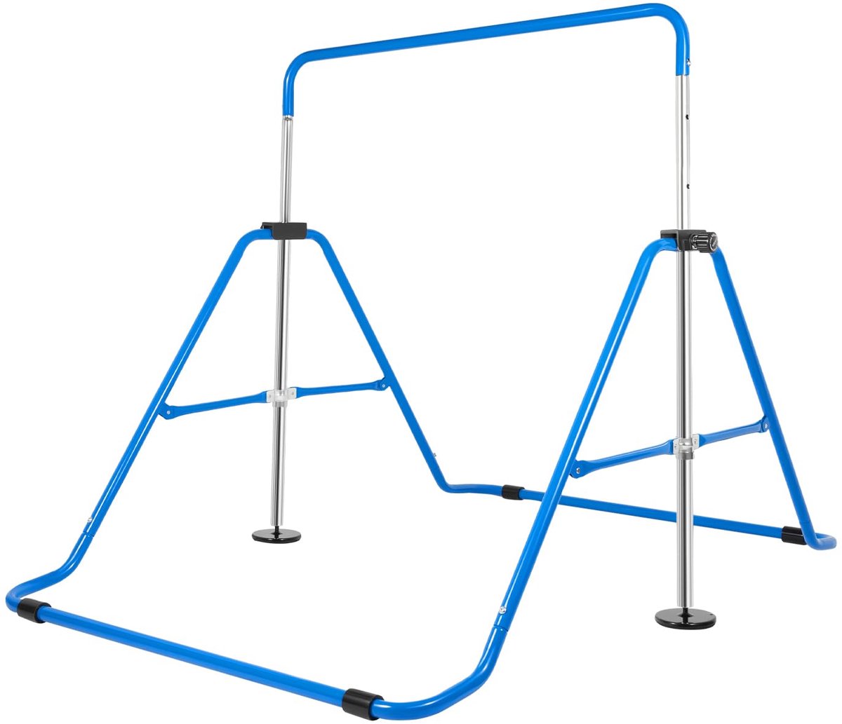 Dutchers® Verstelbare Gymnastiekbar voor Kinderen – Blauwe Opvouwbare Gymnastiekrek met Gymringen – Turnrek - in Hoogte Verstelbaar – Rekstok - Duikelrek - Inklapbaar - Klimboog - Thuis Turnen & Krachttraining – Indoor Gymtoestel