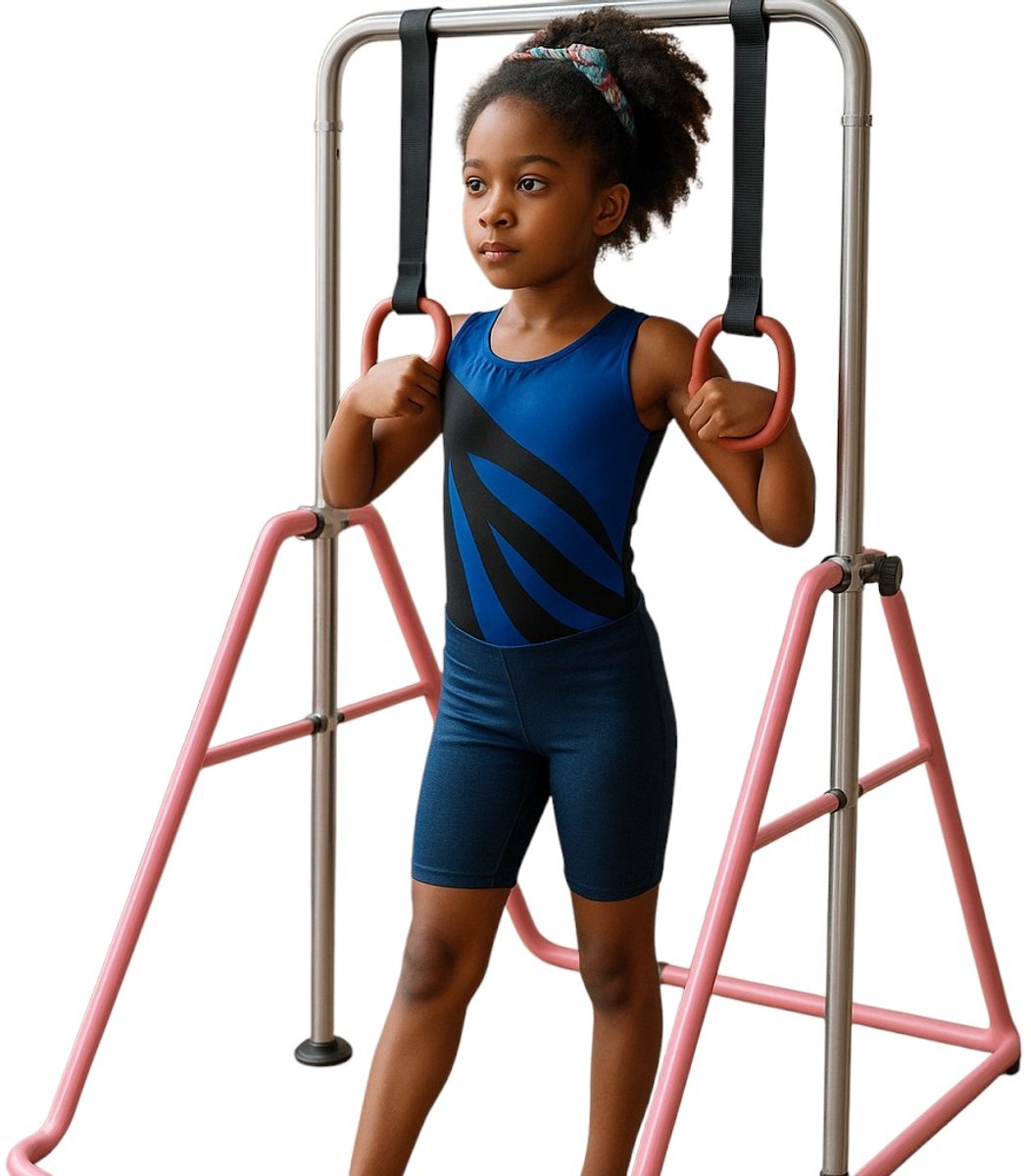 Dutchers® Verstelbare Gymnastiekbar voor Kinderen – Roze Opvouwbare Gymnastiekrek met Gymringen – Turnrek - in Hoogte Verstelbaar – Rekstok - Duikelrek - Inklapbaar - Klimboog - Thuis Turnen & Krachttraining – Indoor Gymtoestel