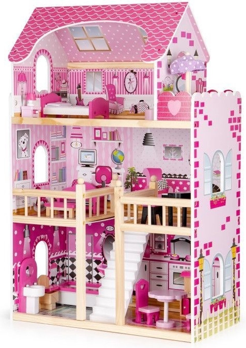 Houten poppenhuis roze met 3 verdiepingen 59x30x90 cm