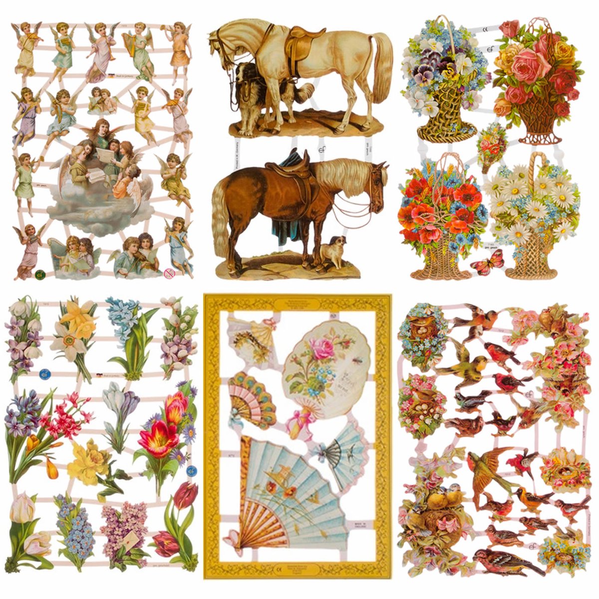 Poëzieplaatjes - 6 vellen - plaatjes - hobby - creatief - decoupage - knutselen - scrapboek - Waaiers - Bloemen - Paarden - Engelen