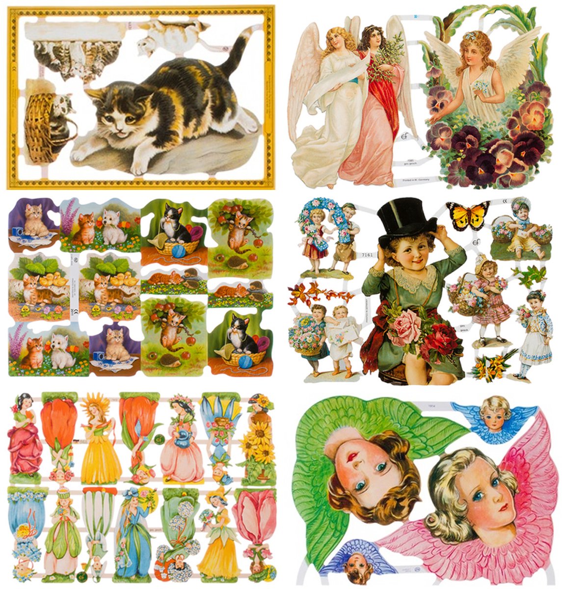 Poëzieplaatjes - 6 vellen - plaatjes - hobby - creatief - decoupage - knutselen - scrapboek - met Poezen - Engelen - Honden - Bloemenmeisjes
