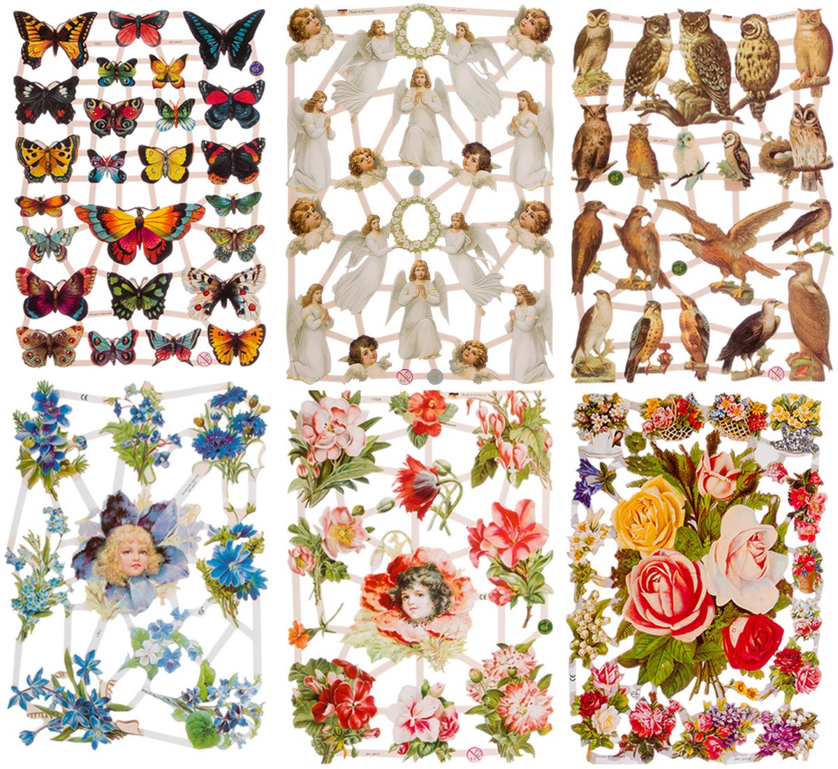 Poëzieplaatjes - 6 vellen - plaatjes - hobby - creatief - decoupage - knutselen - scrapboek - met VLINDERS - ENGELEN - UILEN - BLOEMEN