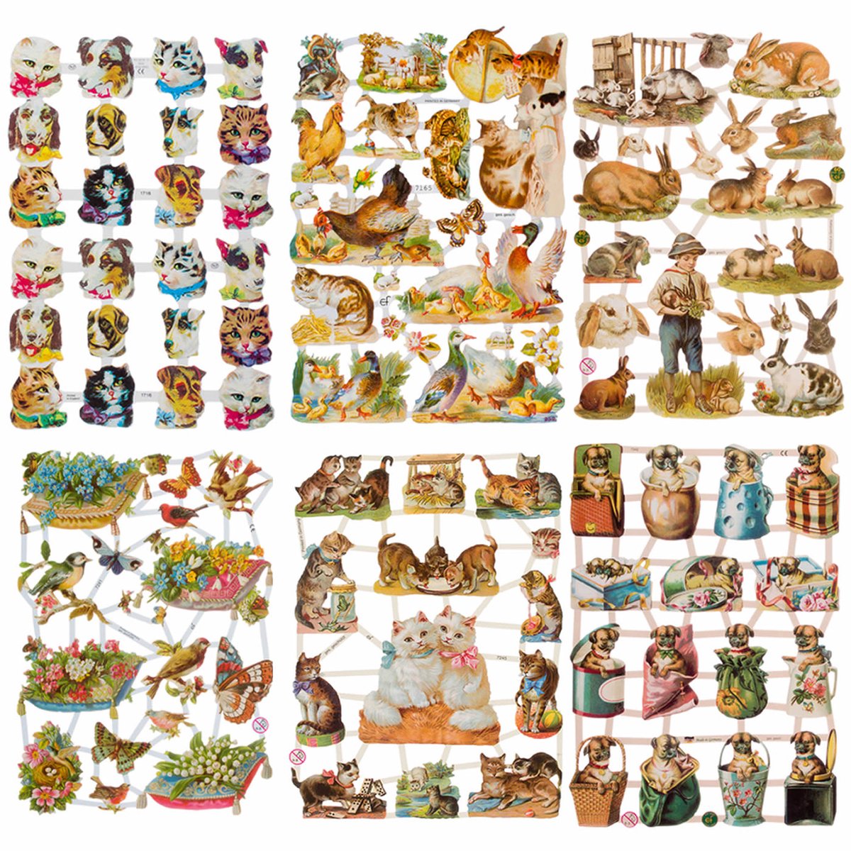 Poëzieplaatjes - 6 vellen - plaatjes - hobby - creatief - decoupage - knutselen - scrapboek - met VOGELS - VLINDERS - BLOEMEN - HONDJES