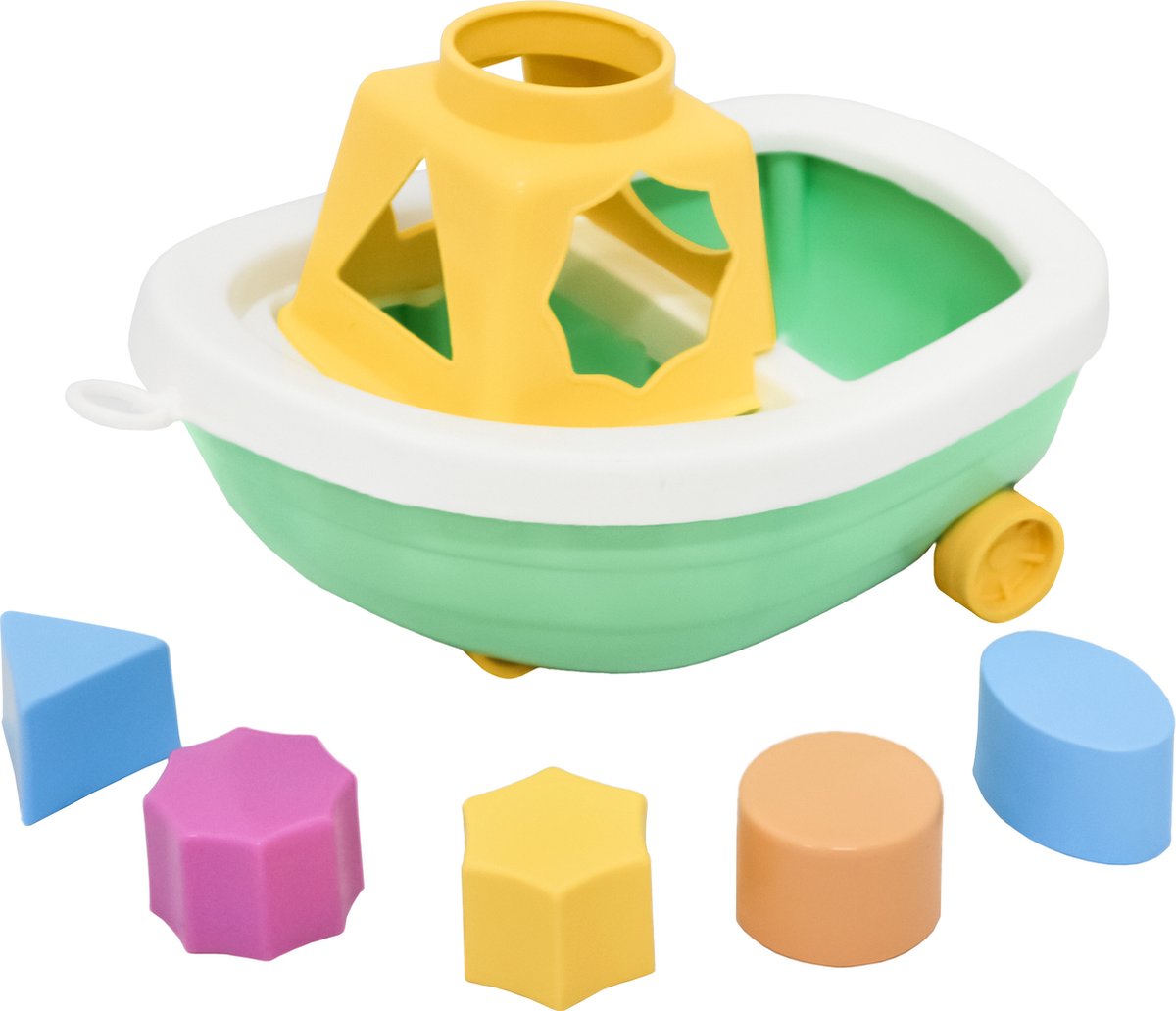 ELFIKI Bonte Barkas Boot - Vormenstoof - Speelgoedboot - Duurzaam Speelgoed 1 Jaar - Montessori Speelgoed - Gemaakt van Suikerriet Plastic