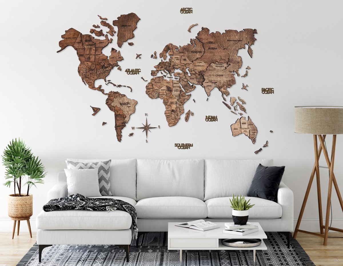 Houten Wereldkaart 3D - Walnoot - XXL (300 x 170 cm)