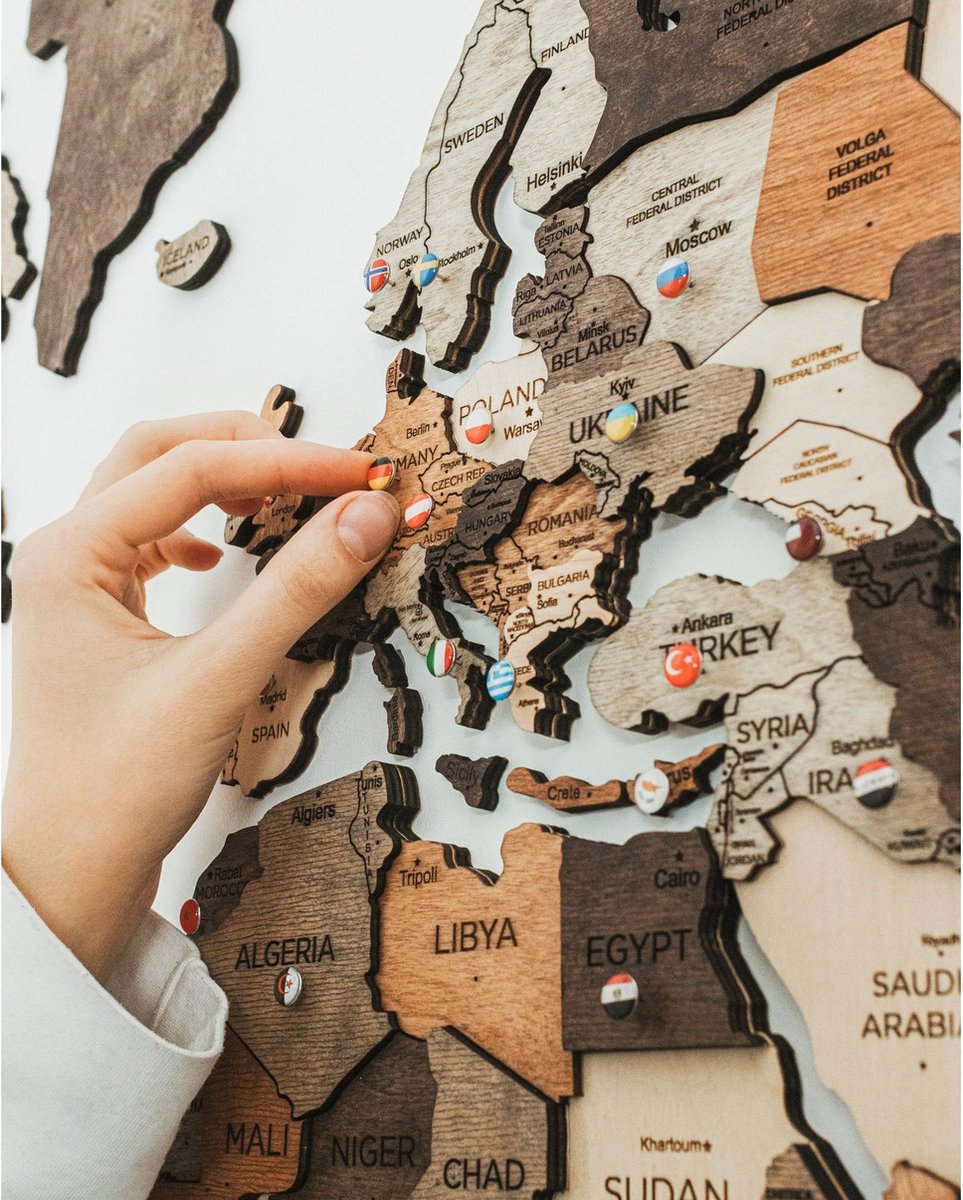 Houten wereldkaart 3D - Multikleur - M  (100 x 60 cm)