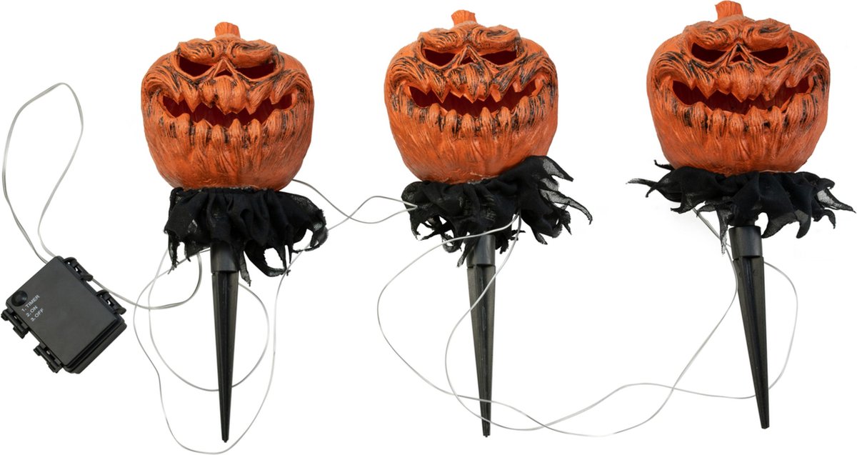 Europalms Halloween Kürbisse mit Erdspieß, 3er-Set, 39cm - Halloweendecoratie