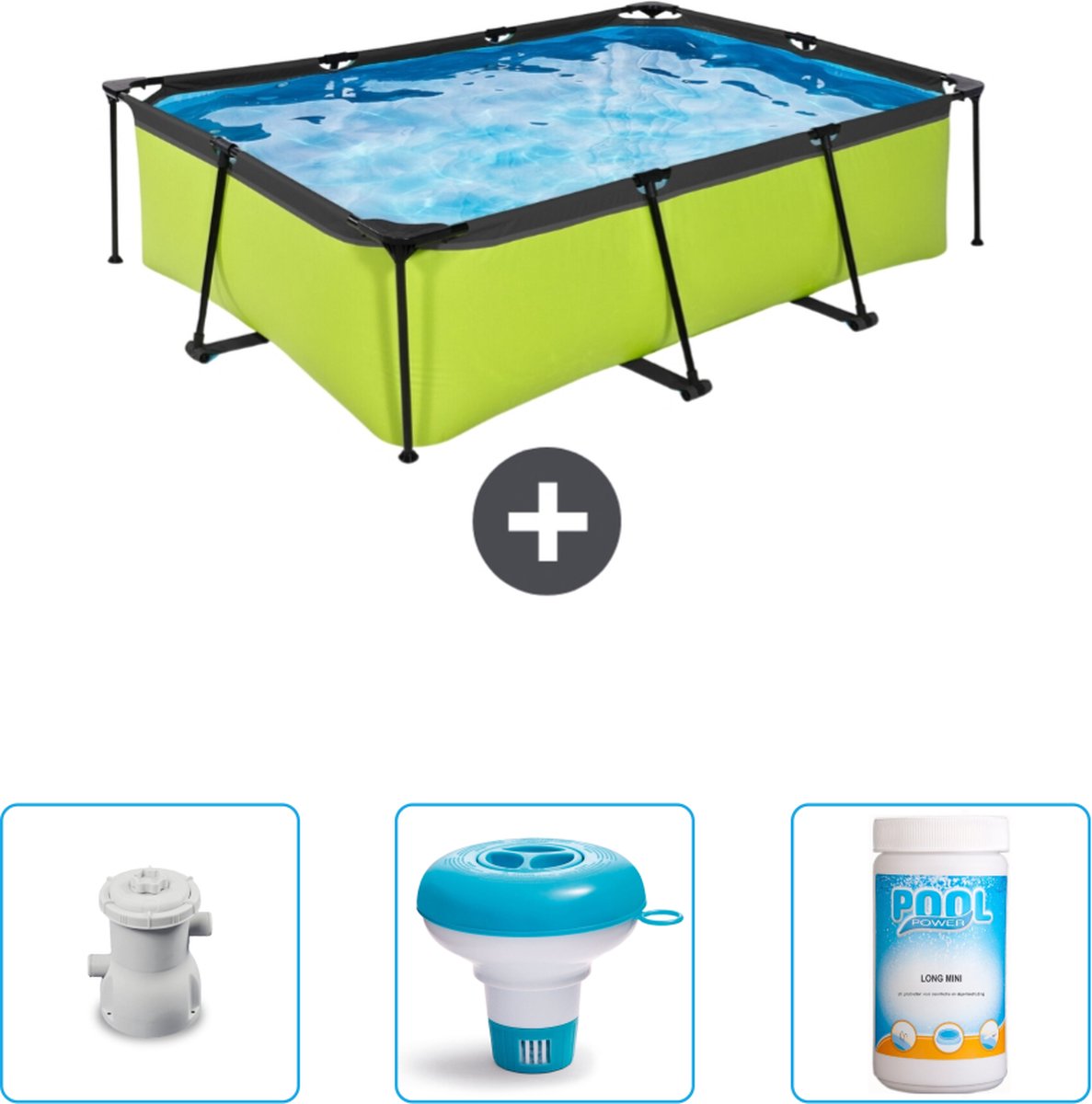 EXIT Rechthoekig Lime Frame Zwembad - 220 x 150 x 65 cm - Inclusief Pomp - Chloordrijver - Chloor - Nu extra voordelig