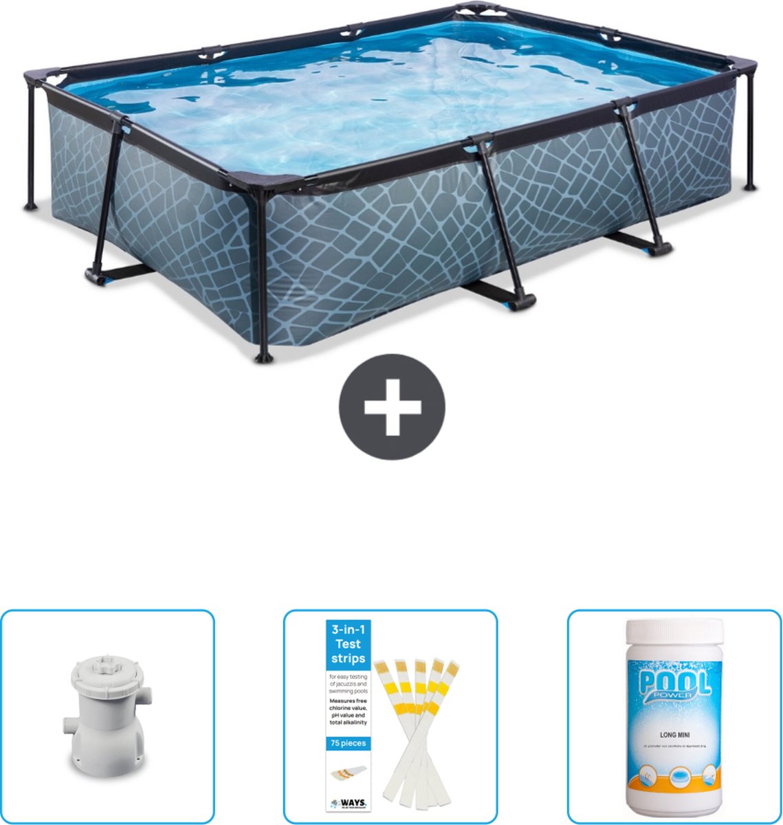 EXIT Rechthoekig Stone Frame Zwembad - 300 x 200 x 65 cm - Inclusief Pomp - Testrips - Chloor - Nu extra voordelig